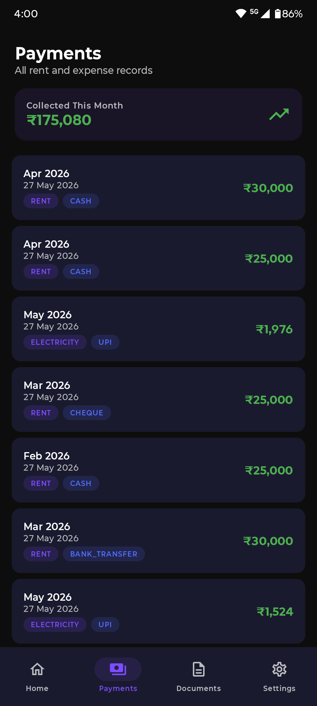 RMS Payments screen showing rent and electricity ledger