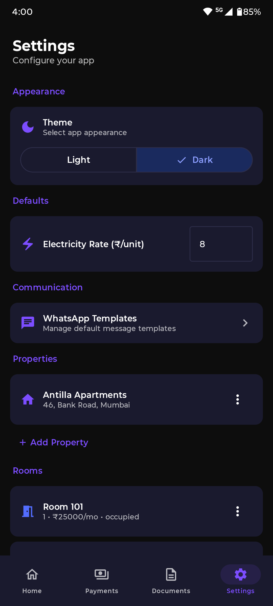 RMS Settings screen showing property and room configuration