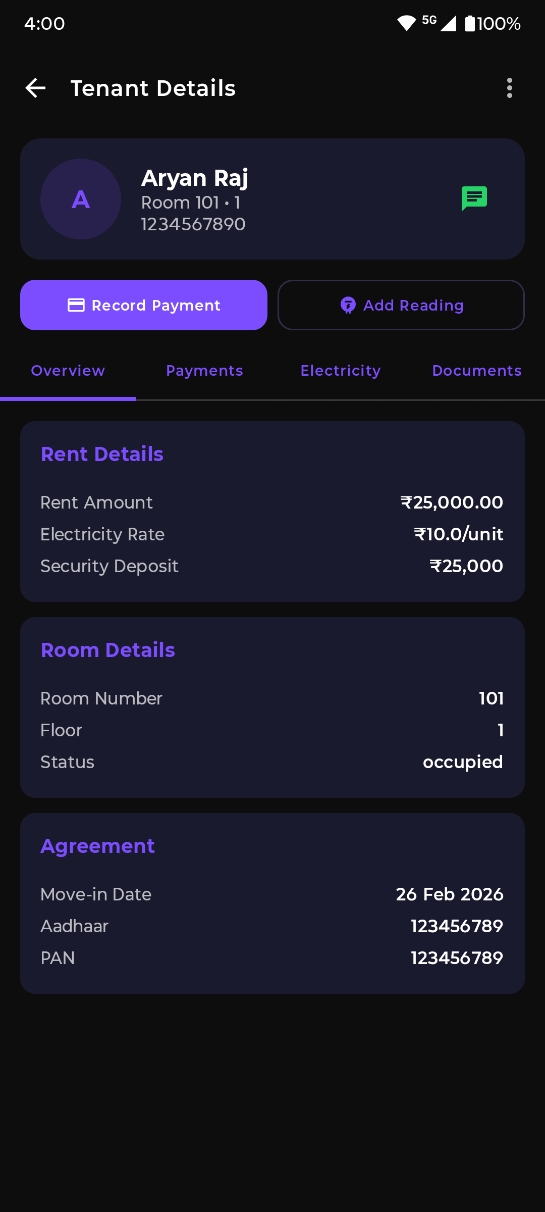 Tenants screen of RMS app